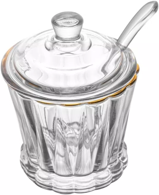 Açucareiro de Cristal com Colher e Tampa com Fio de Ouro Radial 210ml - Lyor