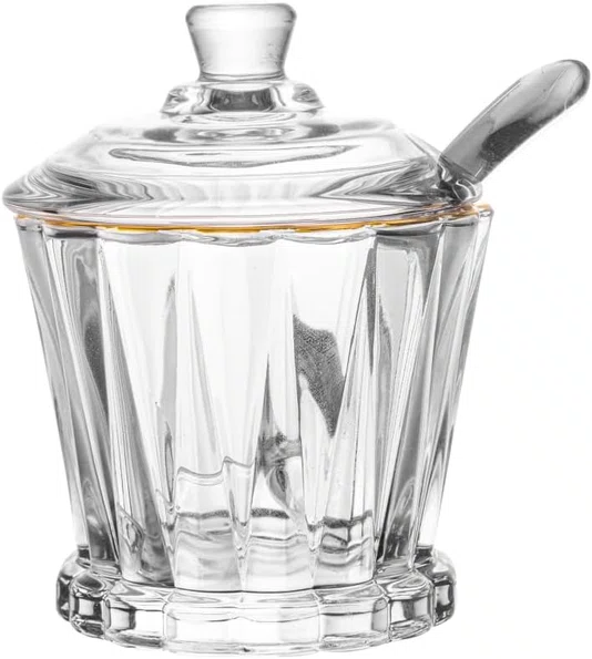 Açucareiro de Cristal com Colher e Tampa com Fio de Ouro Radial 210ml - Lyor