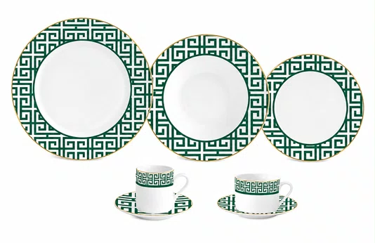 Aparelho de Jantar Grecco Porcelana 42 Peças Verde com Filado Dourado - Full Fit