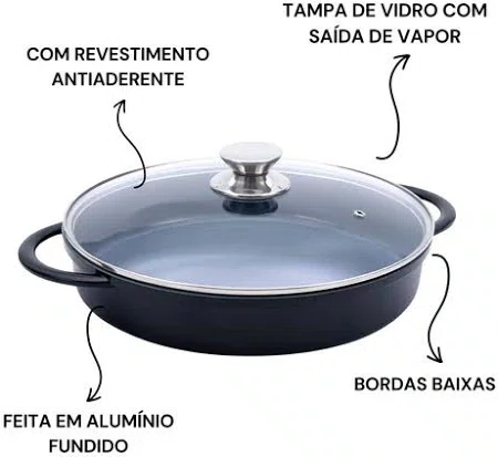 Caçarola Baixa Redonda Preta com Tampa de Vidro 30cm - Hercules