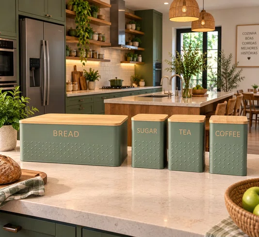 Conjunto 4 Caixas Organizadoras Cozinha Metal Verde com Tampa de Bambu - In Casa