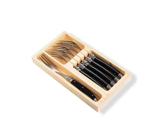 Conjunto de 06 Garfos Sobremesa Preto Luxo com Bandeja de Madeira - Laguiole La Tour