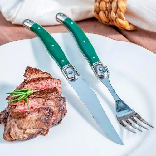 Conjunto de 06 Garfos Sobremesa Verde Luxo com Bandeja de Madeira - Laguiole La Tour