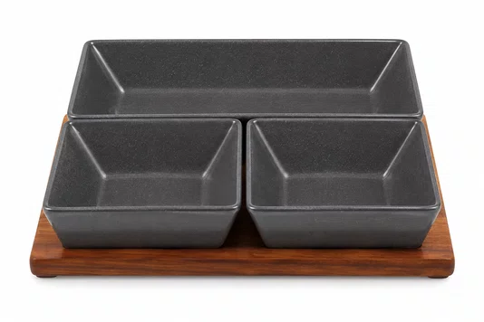 Conjunto Petisqueira Bowl Cerâmica Bandeja em Madeira 4peças - In Casa