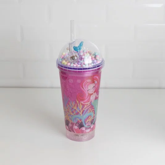Copo Decorativo de Plástico com Canudo e Luz Led Sereia 460ml - Lyor