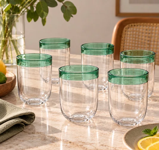 Jogo 6 Copos em Vidro com Detalhe Verde 480ml - In Casa