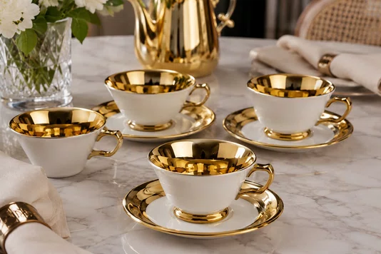Jogo 8 Peças para Cha Aurine 220ml Branco e Dourado - Full Fit