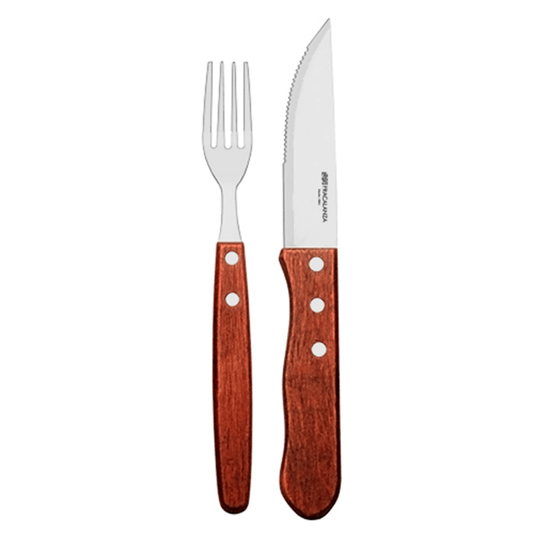 Set de 12 talheres para churrasco em aço inox com cabo de madeira