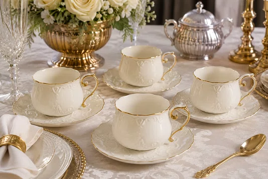 Jogo de 8 Peças para Chá Rêve Blanc New Bone China com Filado Dourado - Full Fit