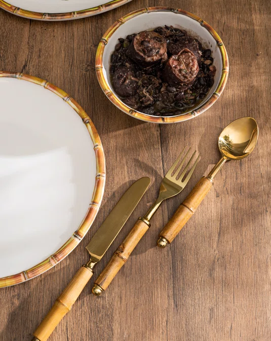 Jogo Talheres 6 Peças Aço Inox Dourado Bambu Natural - Wolff