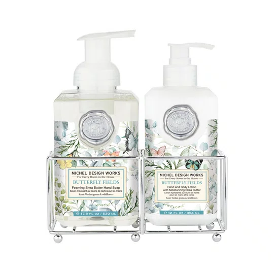 Kit Sabonete Liquido e Hidratante com Suporte Butterfly Fields - Michel Design
