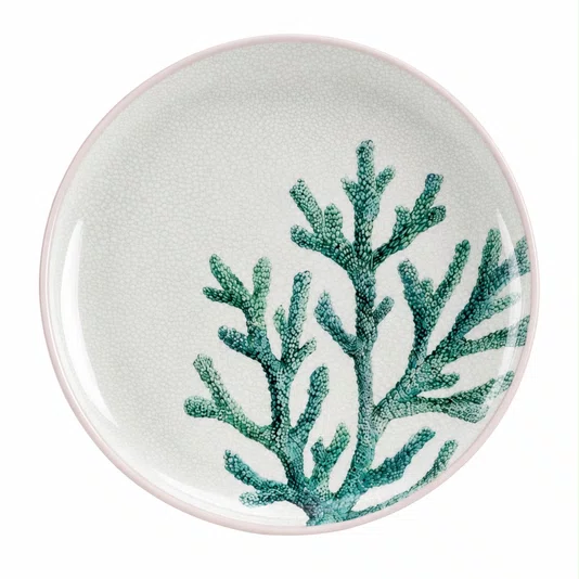 Prato Raso em Melamina Arredondado Desenho Coral Verde - Entrecasa