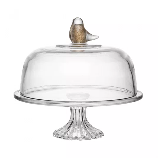 Prato para Bolo de Cristal com Pe e Tampa Bird 30 Cm