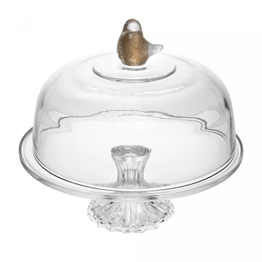 Prato para Bolo de Cristal com Pe e Tampa Bird 30 Cm
