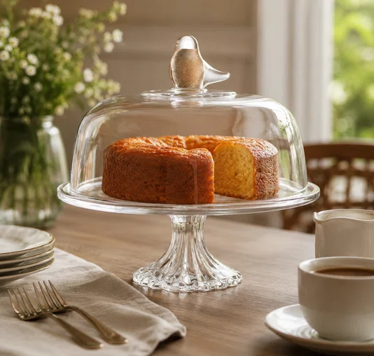 Prato para Bolo de Cristal com Pe e Tampa Bird 30 Cm
