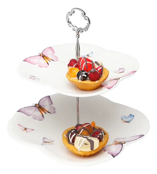 Prato Porcelana Duplo para Doces Borboletas 20 X 24 X 25