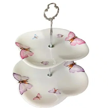 Prato Porcelana Duplo para Doces Borboletas 20 X 24 X 25