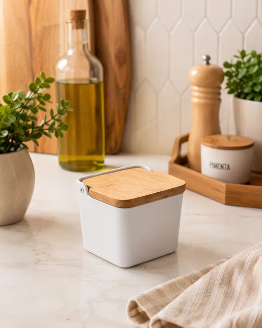 Saleiro de Ceramica com Tampa de Bambu Bianco