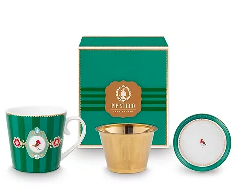 Set Caneca Chá 3 Peças Medallion Stripes Verde Esmeralda - Pip Studio