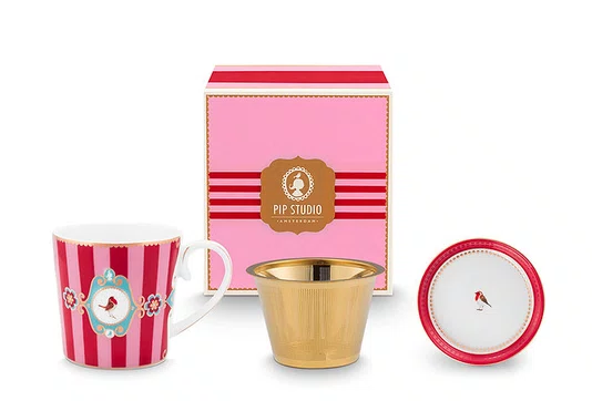 Set Caneca Chá 3 Peças Medallion Stripes Vermelho Rosa - Pip Studio