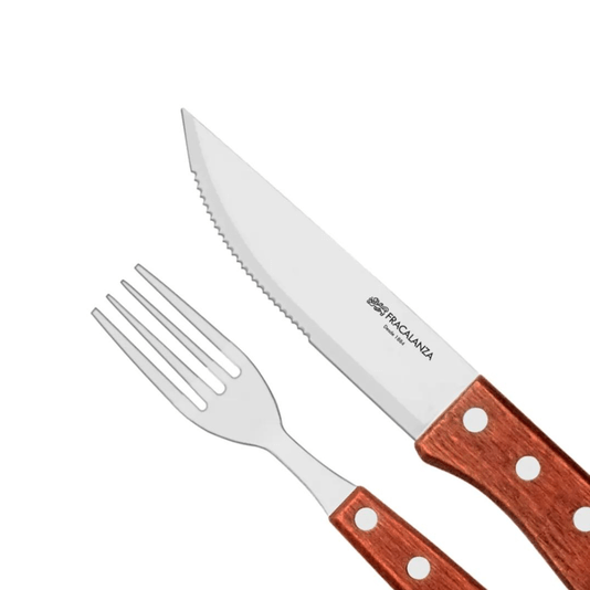 Set de 12 talheres para churrasco em aço inox com cabo de madeira