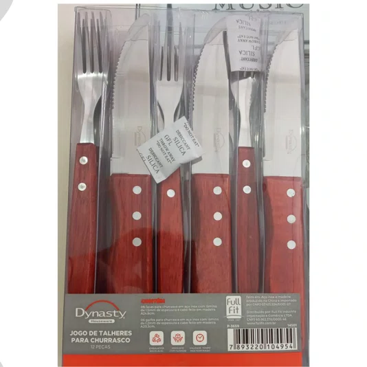 Set de 12 talheres para churrasco em aço inox com cabo de madeira