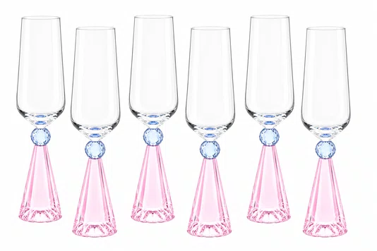 Taca Diamond Champanhe Cristal Azul e Rosa 06 Pecas