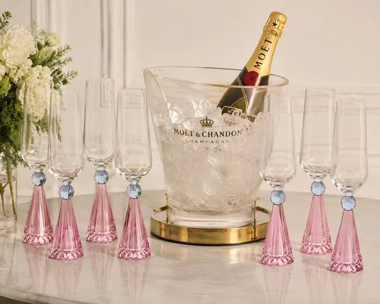 Taca Diamond Champanhe Cristal Azul e Rosa 06 Pecas