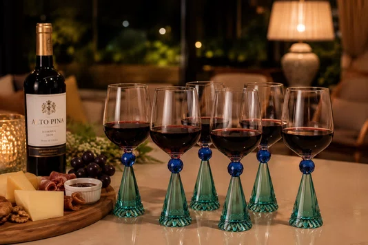Taca Diamond para Vinho Cristal Verde e Azul 6pcs
