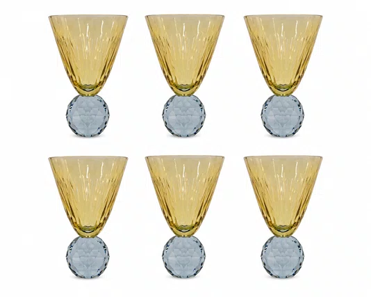 Tacas Vidro 06 Peças Ambar Base Esculpido Cristal Azul - In Casa