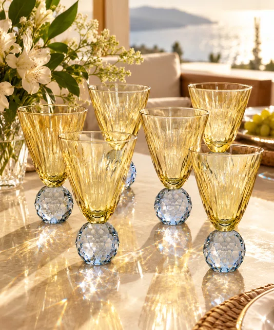 Tacas Vidro 06 Peças Ambar Base Esculpido Cristal Azul - In Casa