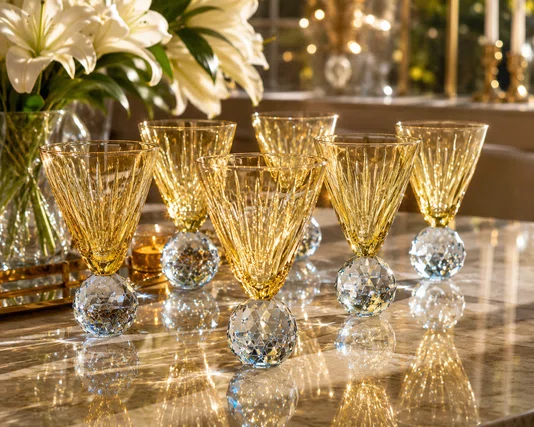 Tacas Vidro 06 Peças Ambar Base Esculpido Cristal Azul - In Casa