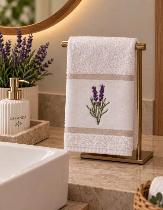 Toalha Branca com Faixa Branca Bordada Lavanda - Mameg