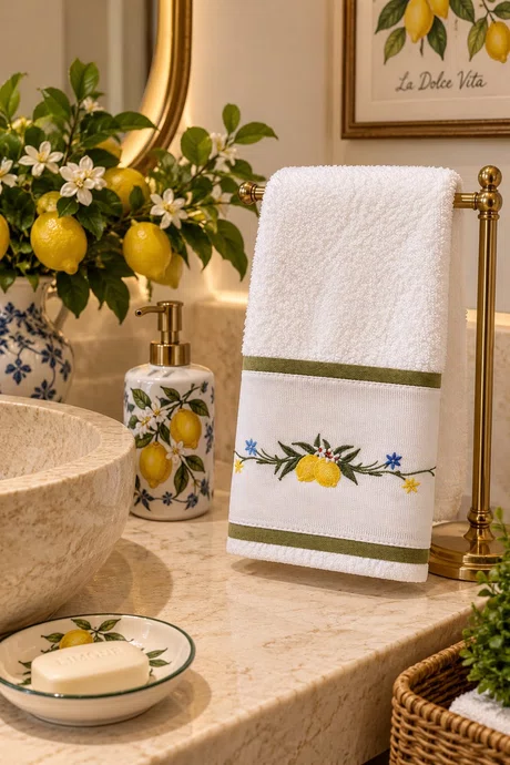 Toalha de Lavabo com a Aplicaçao Limão Siciliano Bordado Positano.