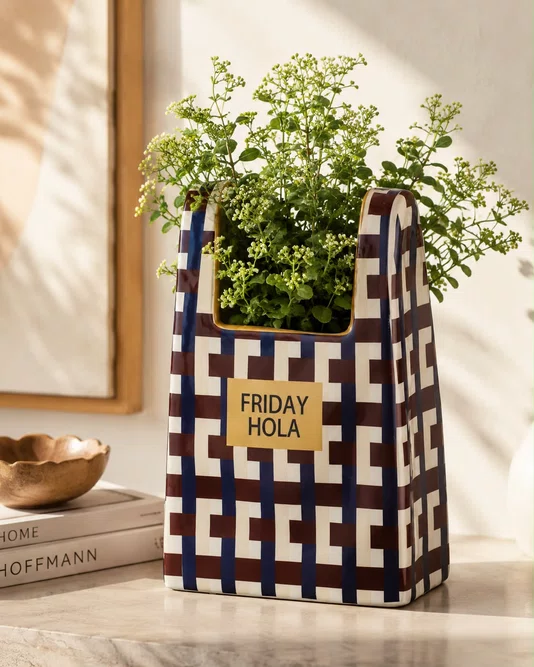 Vaso Ceramica Bolsa Xadrez Azul e Marrom