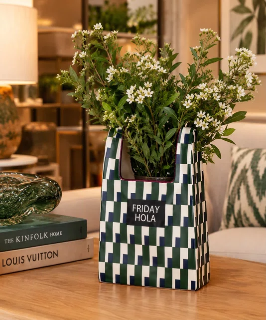 Vaso Ceramica Bolsa Xadrez Azul e Verde