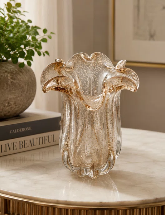 Vaso de Vidro Italy Transparente e Dourado 18cm X 18cm X 21cm