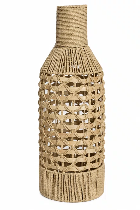 Vaso em Fibra Cestaria Tipo Garrafa Detalhe Madeira Grande Bege 26x26x70cm - Entrecasa