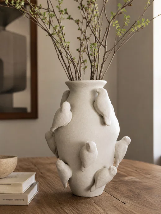 Vaso Pássaros em Cerâmica Branco Fosco 35x15x30cm - Grillo