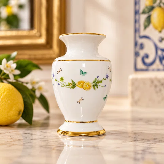 Vaso Porcelana Branca com Detalhes de Limão Positano - Mameg