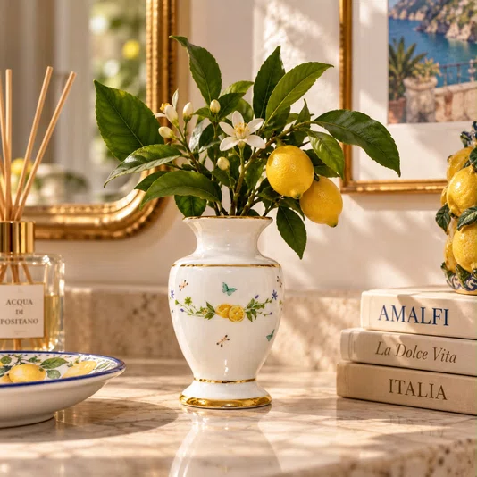 Vaso Porcelana Branca com Detalhes de Limão Positano - Mameg