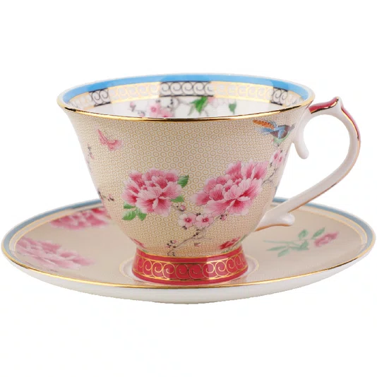 Xícara de Chá e Pires Beige Peony 250ml - Tea Delight