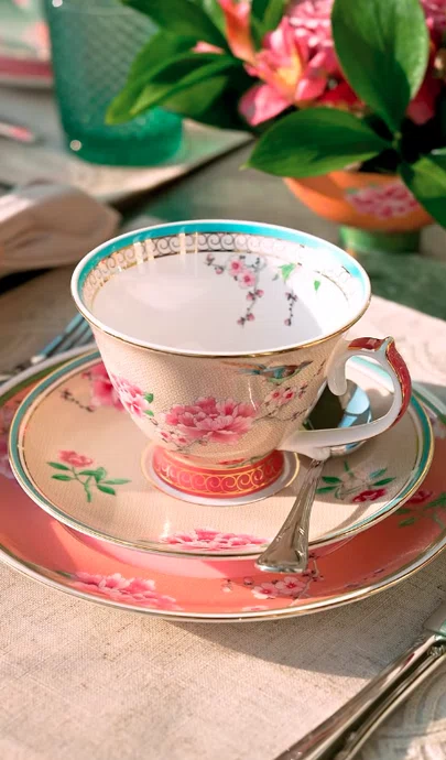 Xícara de Chá e Pires Beige Peony 250ml - Tea Delight