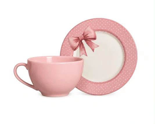 Xicara de Cha Rosa Suave com Pires Lacos de Pascoa Rosa