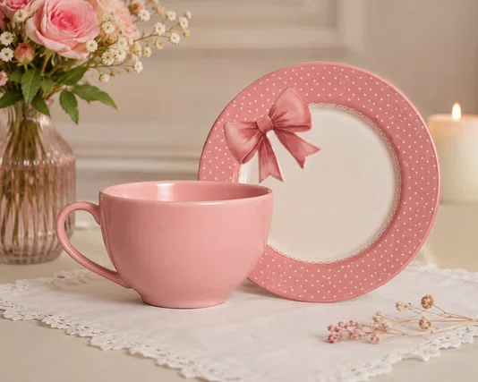 Xicara de Cha Rosa Suave com Pires Lacos de Pascoa Rosa