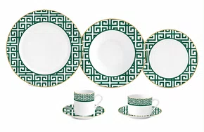 Aparelho de Jantar Grecco Porcelana 42 Peças Verde com Filado Dourado - Full Fit