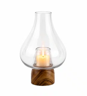 Castical em Vidro Base Madeira 16,5 X 16,5 X 24cm