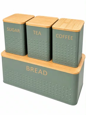 Conjunto 4 Caixas Organizadoras Cozinha Metal Verde com Tampa de Bambu - In Casa