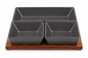 Conjunto Petisqueira Bowl Cerâmica Bandeja em Madeira 4peças - In Casa