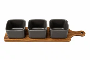 Conjunto Petisqueira Bowls Cerâmica e Bandeja Madeira 4peças - In Casa